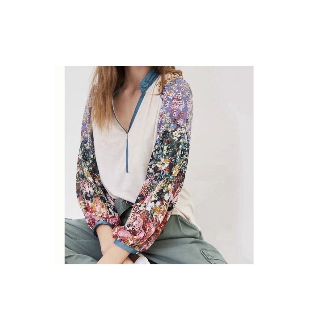 TINY Anthropologie Eleanor Floral Chiffon Top Size Medium Floral Balloon Sleeves